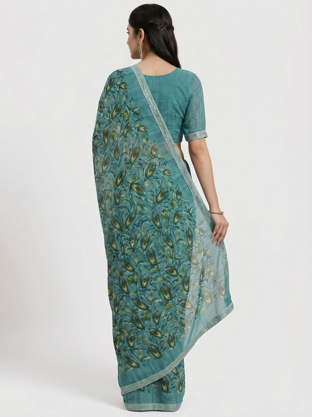 Teal Floral Printed Georgette Saree - Image 3