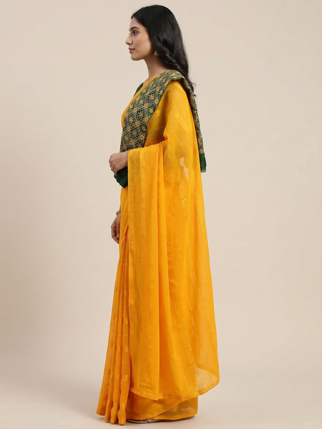 Mustard Zari Woven Georgettte Saree With Tassels - Image 3