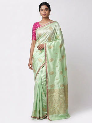 Mint Green Woven Satin Saree With Tassels - Image 1