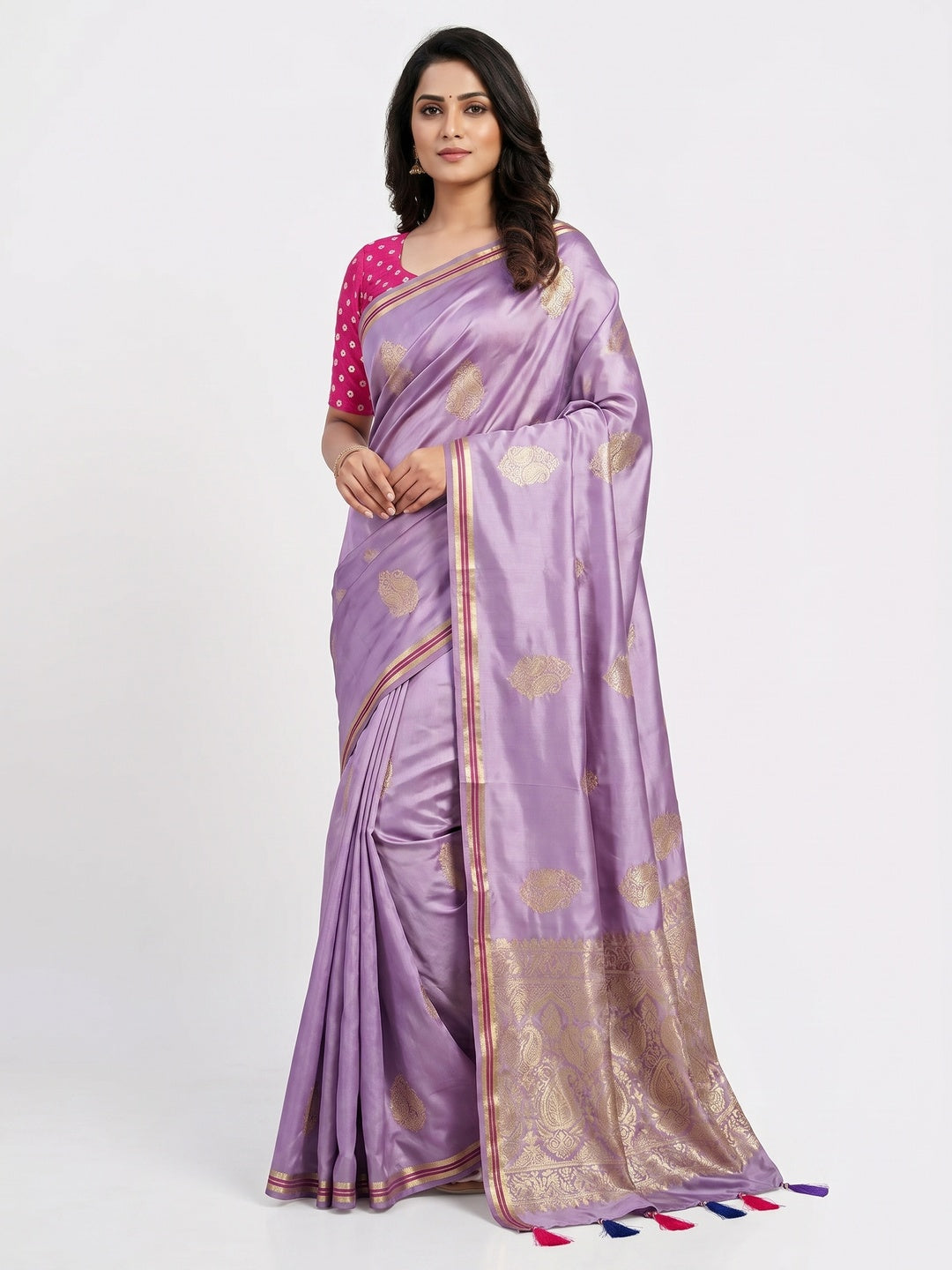 Lavender Woven Satin Saree With Tassels - Image 1