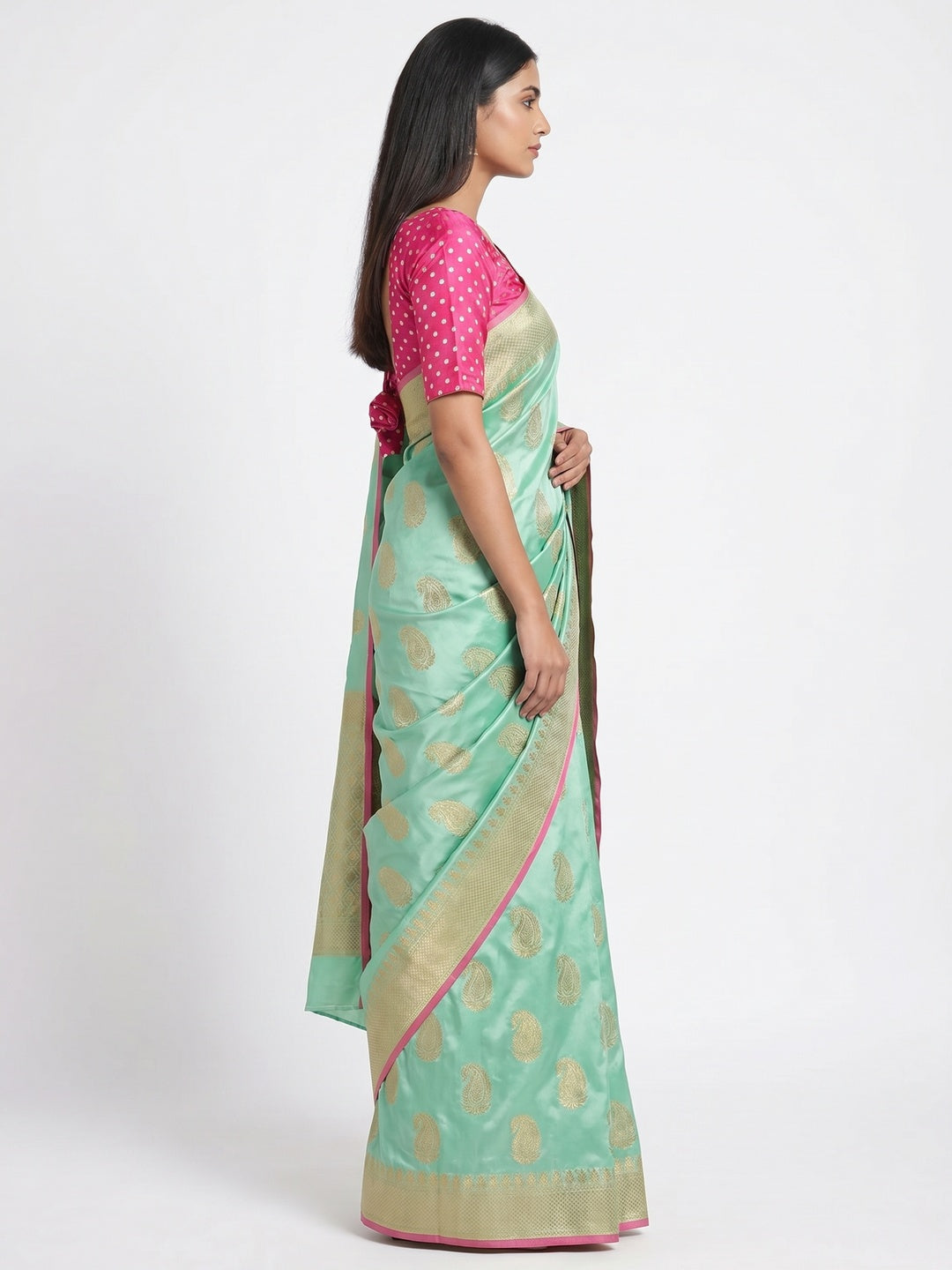 Mint Green Woven Satin Saree With Tassels - Image 3