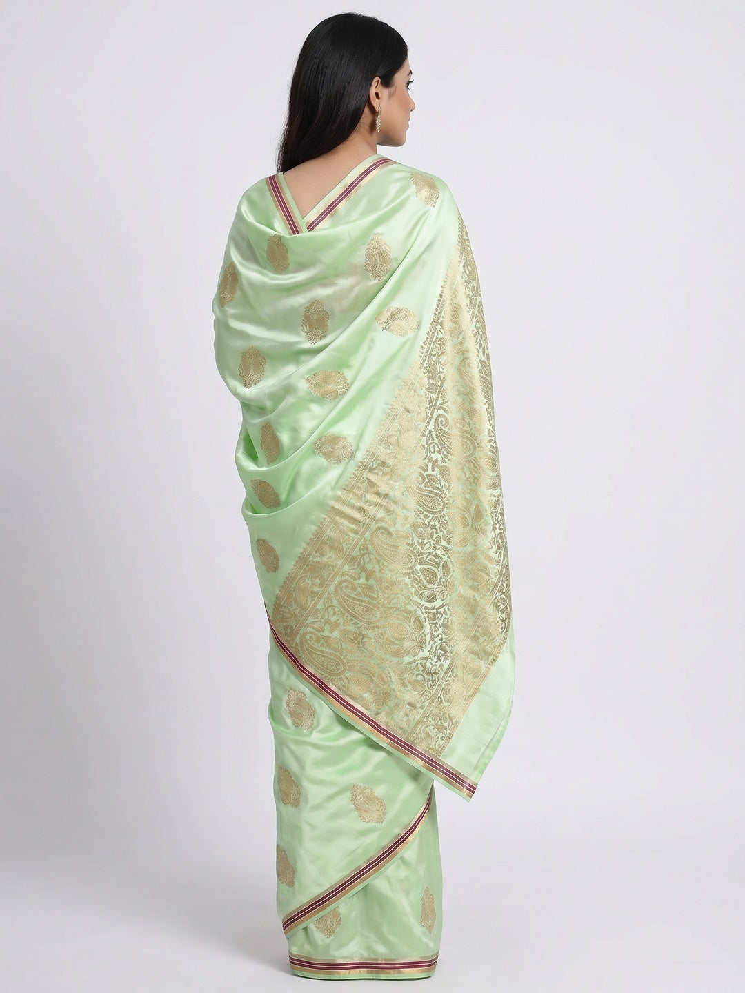 Mint Green Woven Satin Saree With Tassels - Image 2