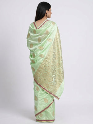 Mint Green Woven Satin Saree With Tassels - Image 2