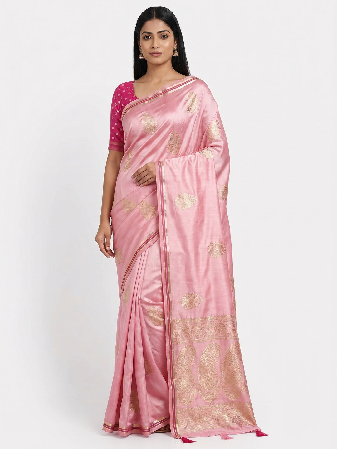 Pink Woven Satin Saree With Tassels - Image 1