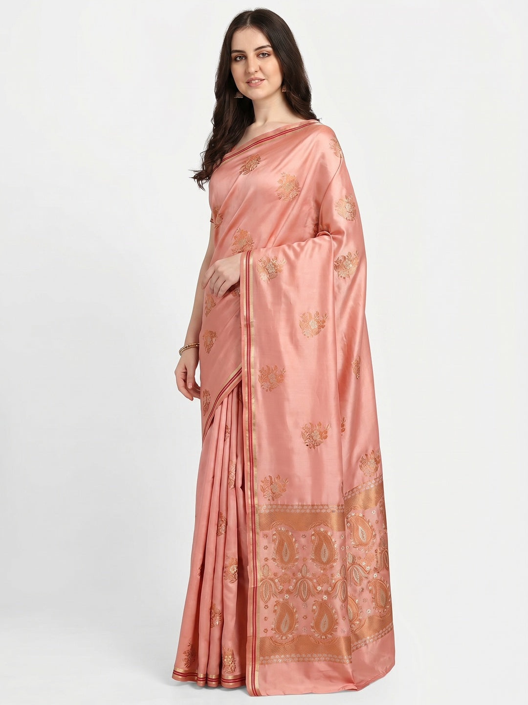 Peach Woven Satin Saree With Tassels - Image 1