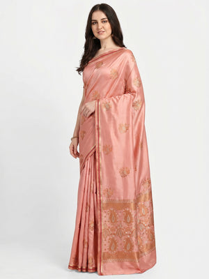Peach Woven Satin Saree With Tassels - Image 1