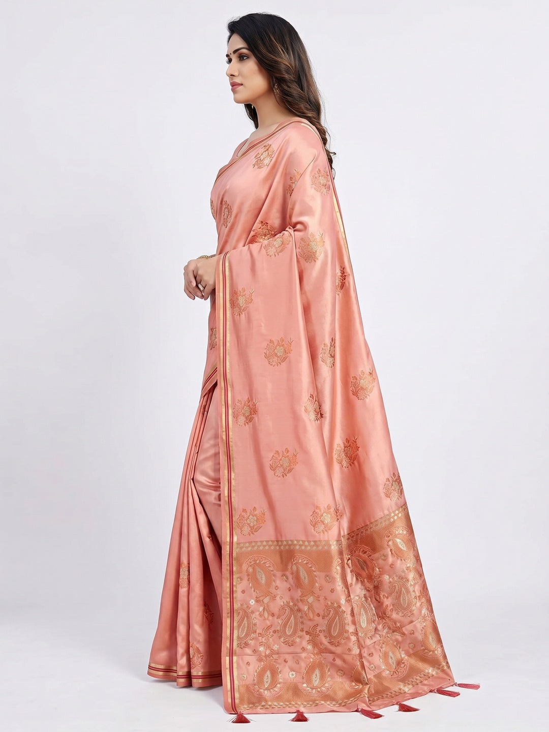 Peach Woven Satin Saree With Tassels - Image 2