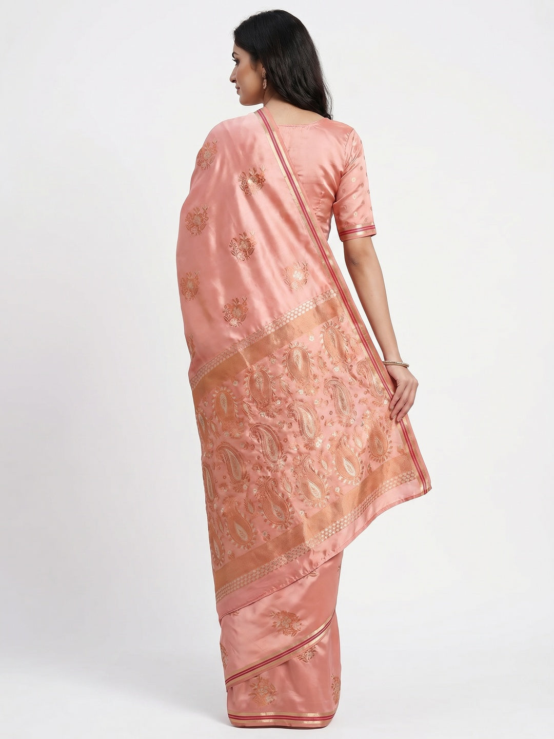Peach Woven Satin Saree With Tassels - Image 3