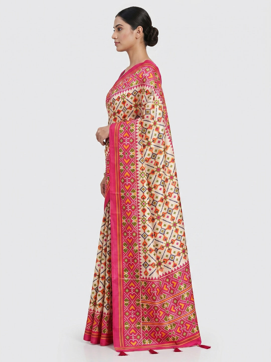 Off White Patola Printed Tussar Silk Saree With Tassels - Image 3