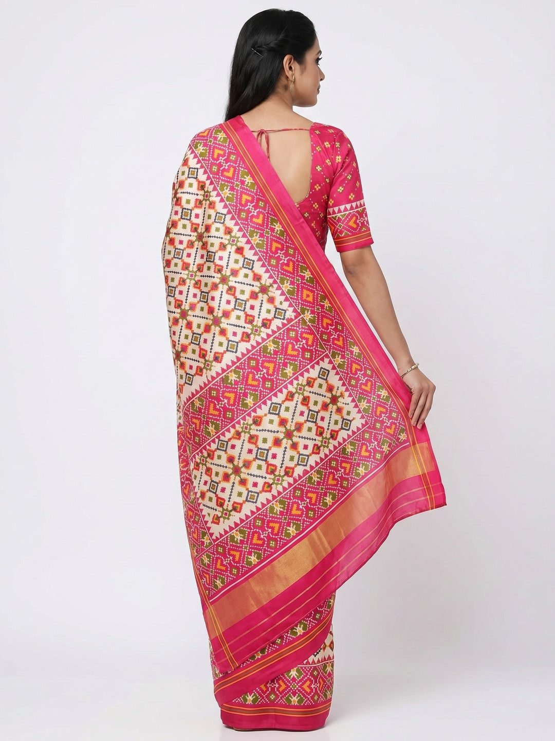 Off White Patola Printed Tussar Silk Saree With Tassels - Image 2