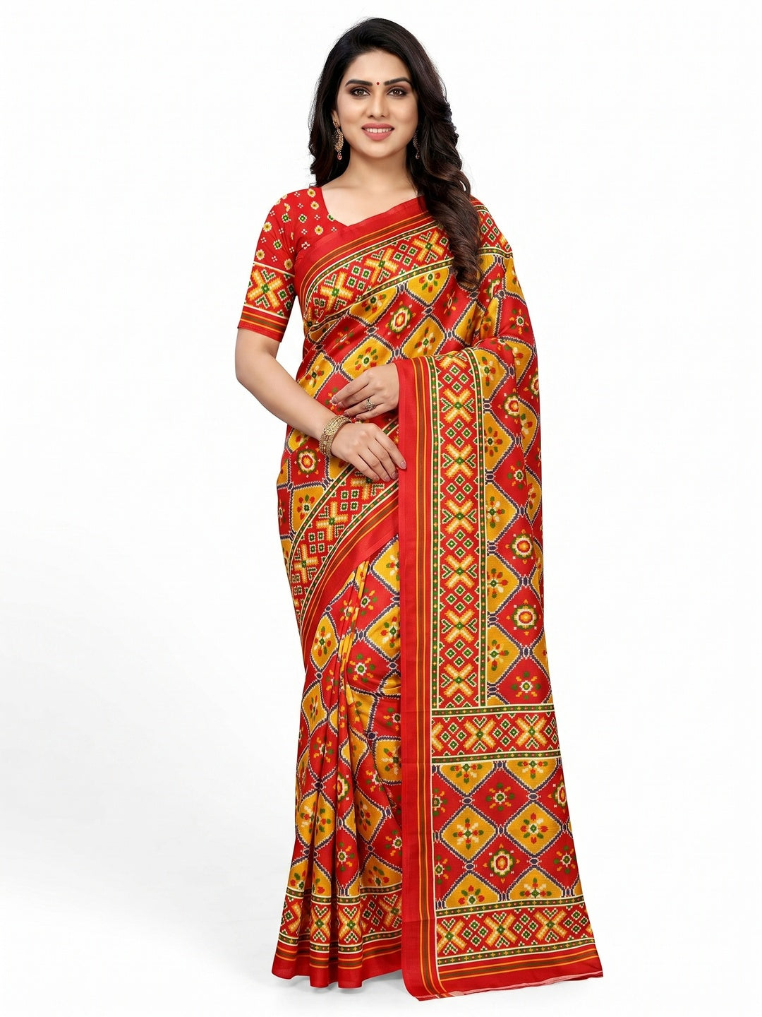 Red & Yellow Patola Printed Tussar Silk Saree With Tassels - Image 1