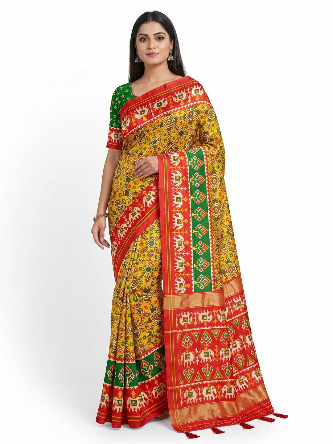 Yellow Patola Printed Tussar Silk Saree With Tassels - Image 1