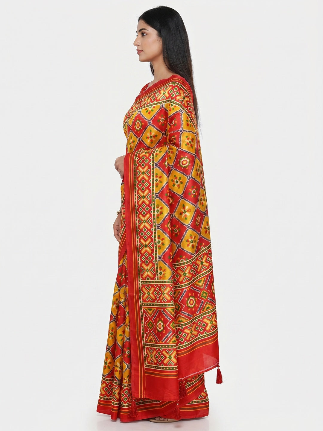 Red & Yellow Patola Printed Tussar Silk Saree With Tassels - Image 3