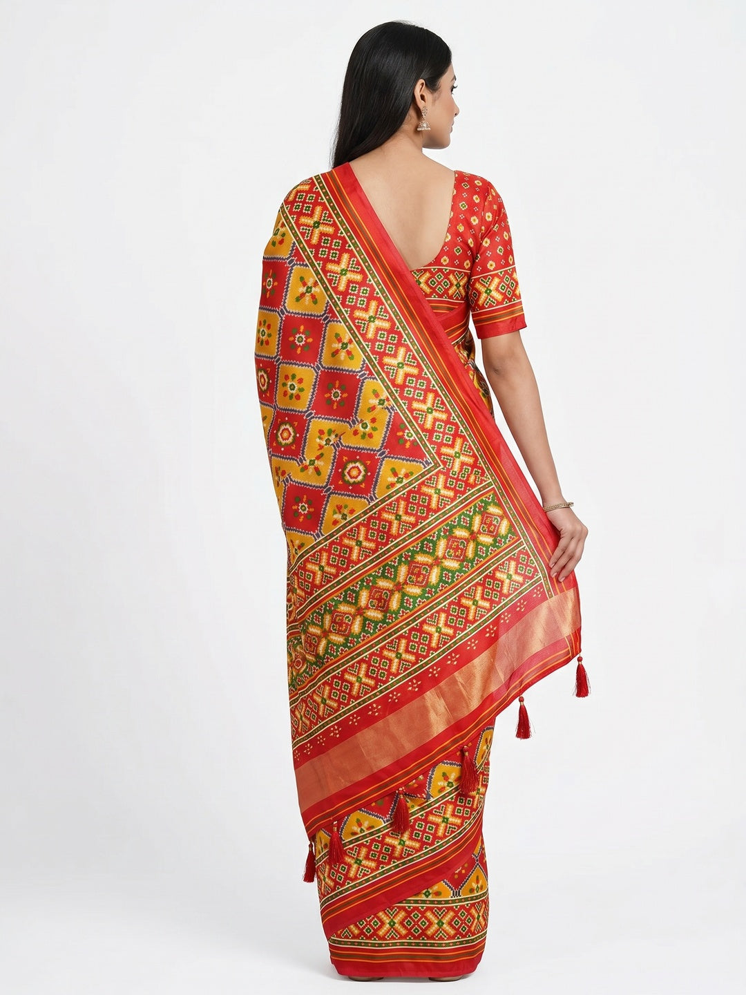Red & Yellow Patola Printed Tussar Silk Saree With Tassels - Image 2