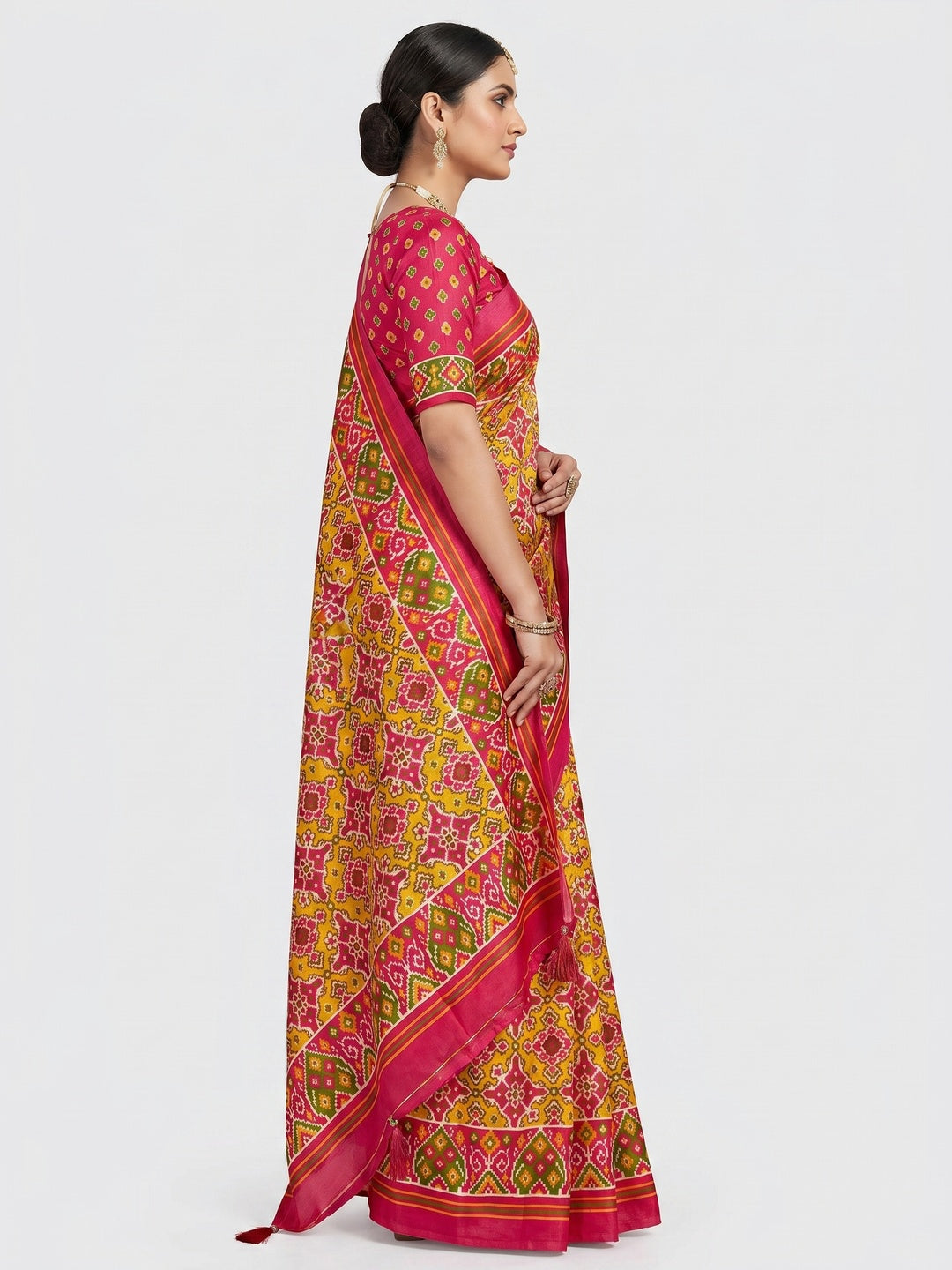 Yellow & Pink Patola Printed Tussar Silk Saree With Tassels - Image 2
