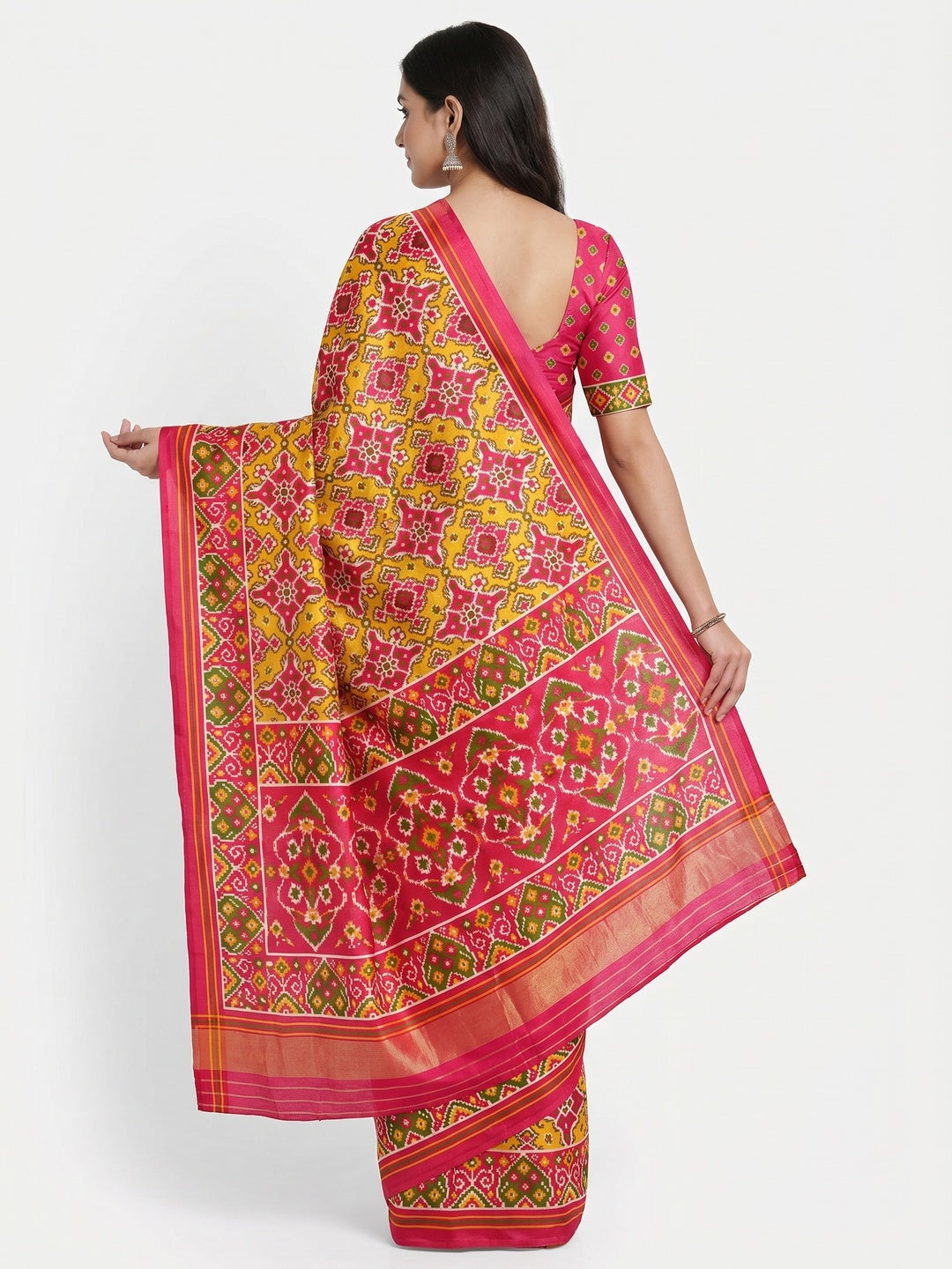 Yellow & Pink Patola Printed Tussar Silk Saree With Tassels - Image 3