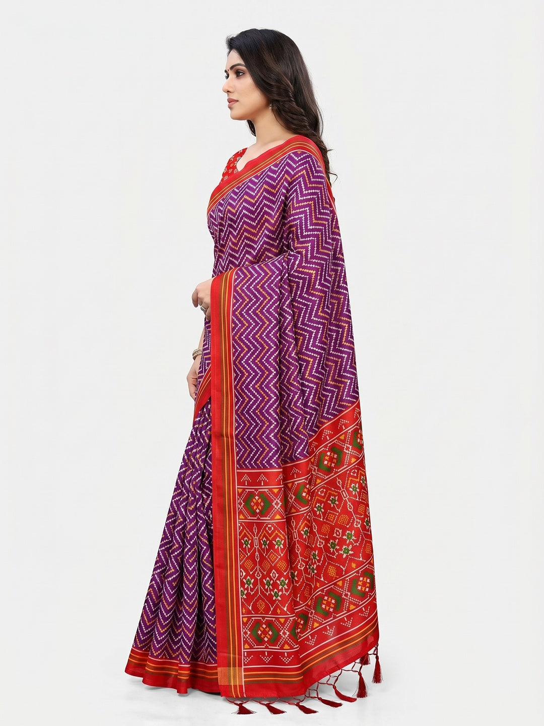 Purple & Red Patola Printed Tussar Silk Saree With Tassels - Image 2