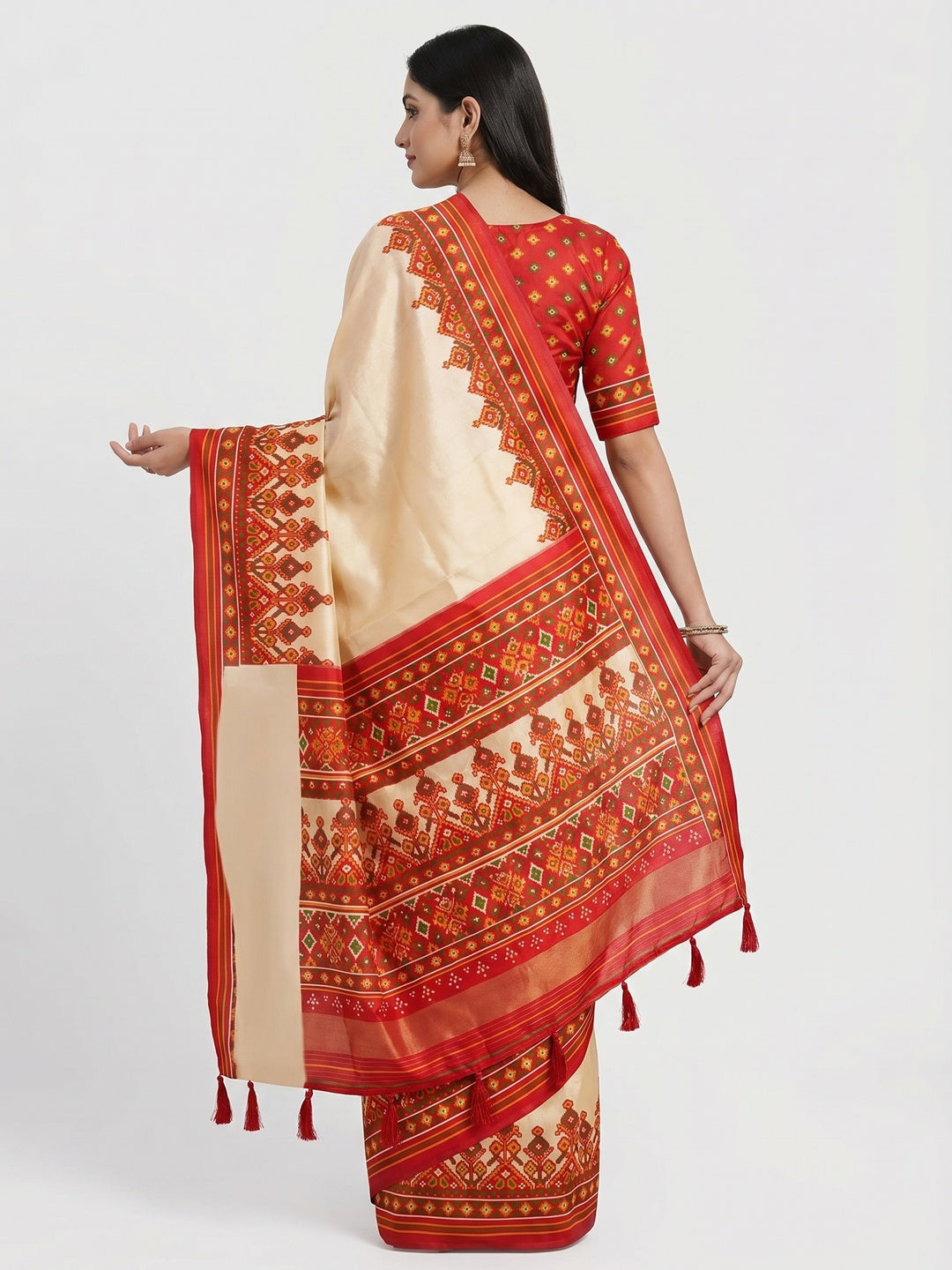 Cream Patola Printed Tussar Silk Saree With Tassels - Image 2