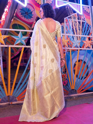 Off White Floral Woven Art Silk Saree - Image 1