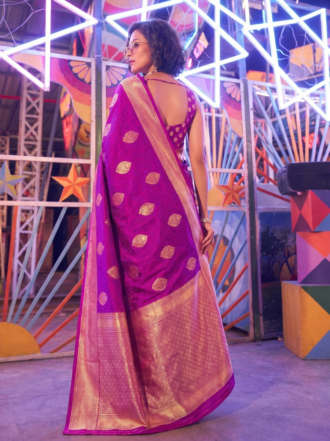 Magenta Floral Woven Art Silk Saree - Image 1