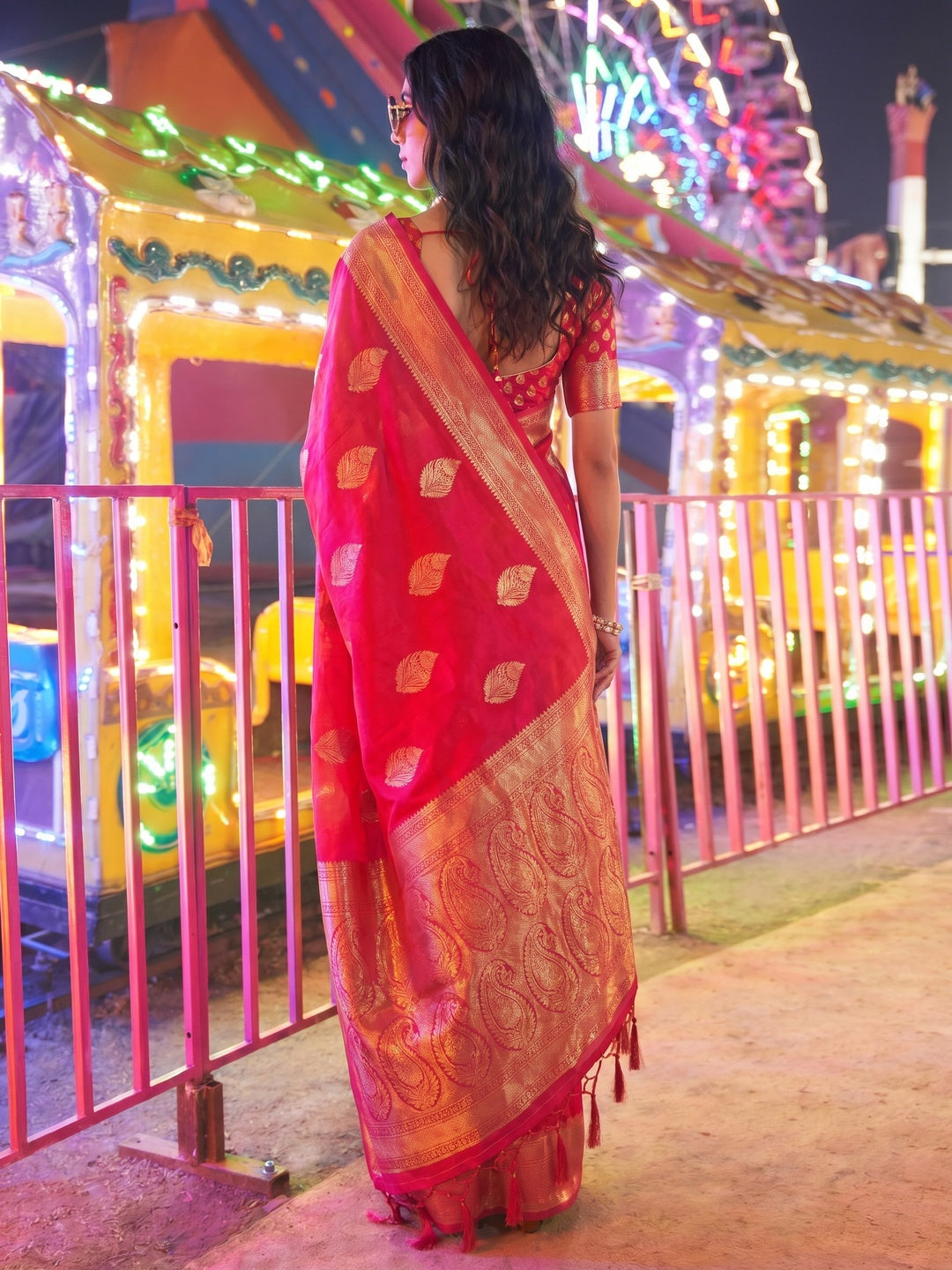 Rani Pink Floral Woven Art Silk Saree - Image 1
