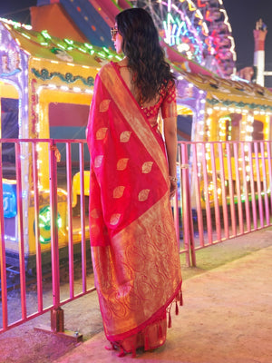 Rani Pink Floral Woven Art Silk Saree - Image 1