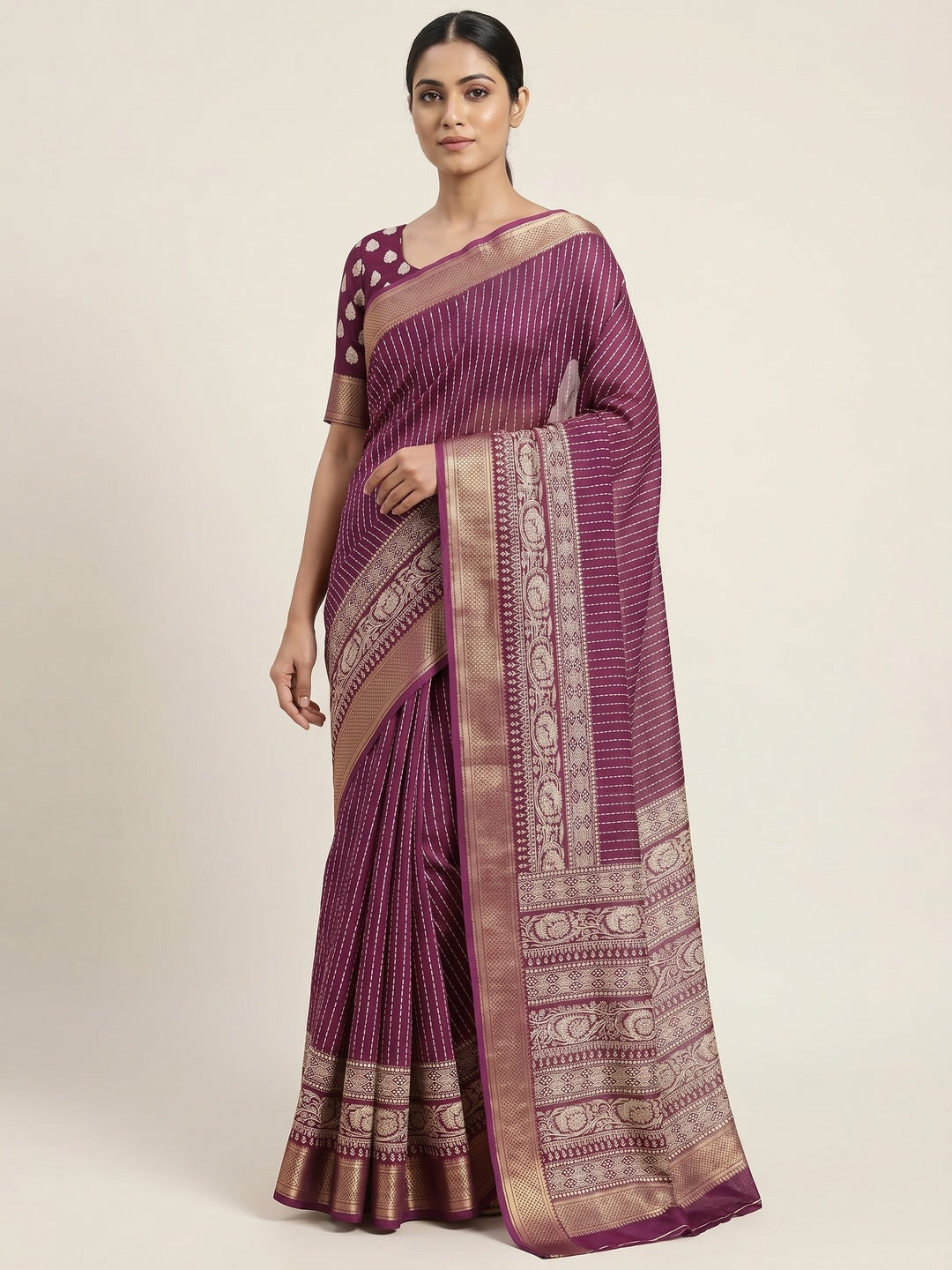 Wine Printed Dola Silk Saree With Jacquard Border - Image 1
