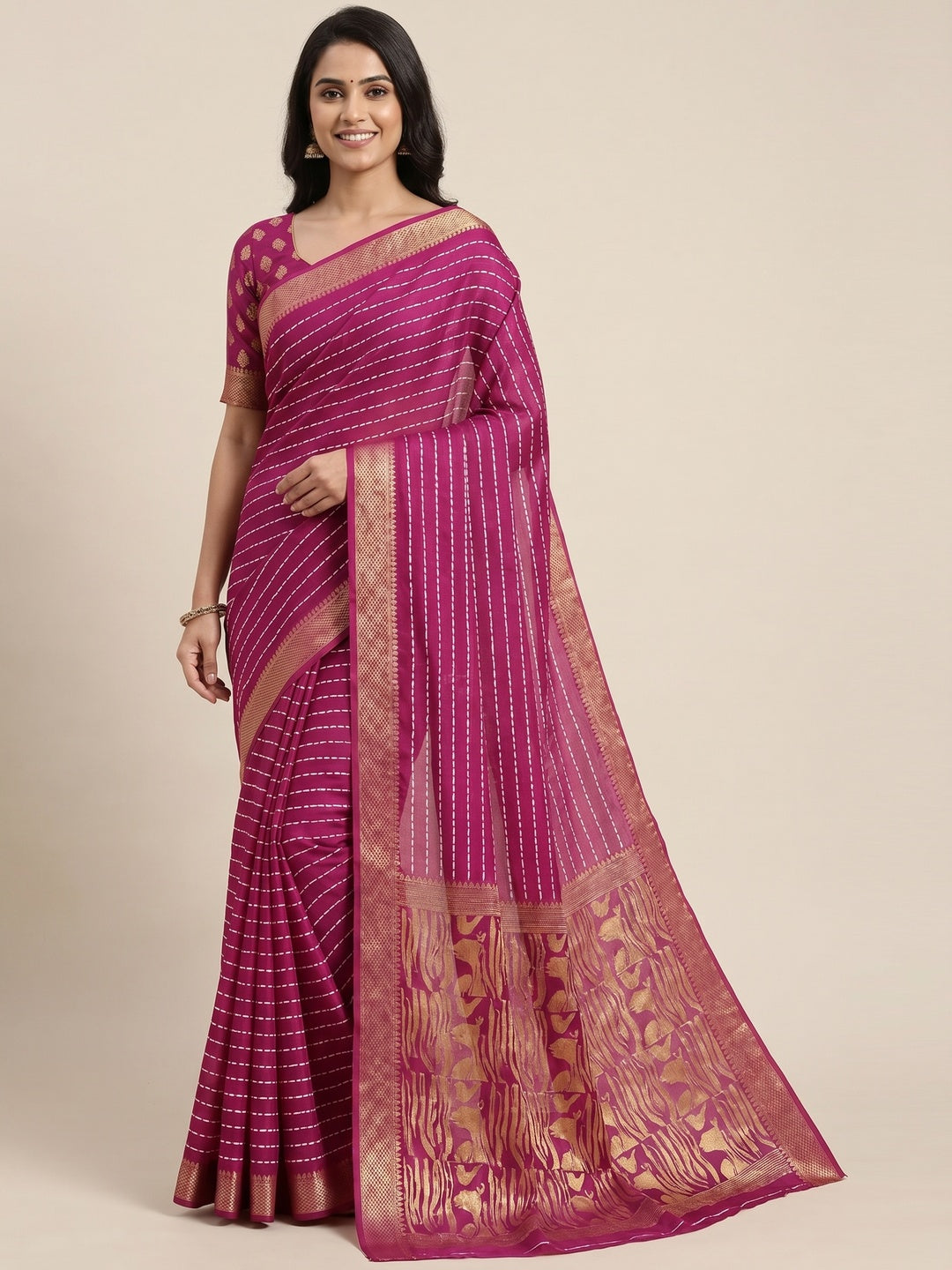 Magenta Printed Dola Silk Saree With Jacquard Border - Image 1