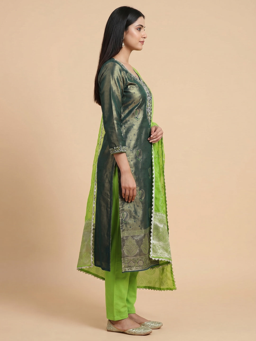 Dark Green Woven Banarasi Silk Dress Material - Image 2