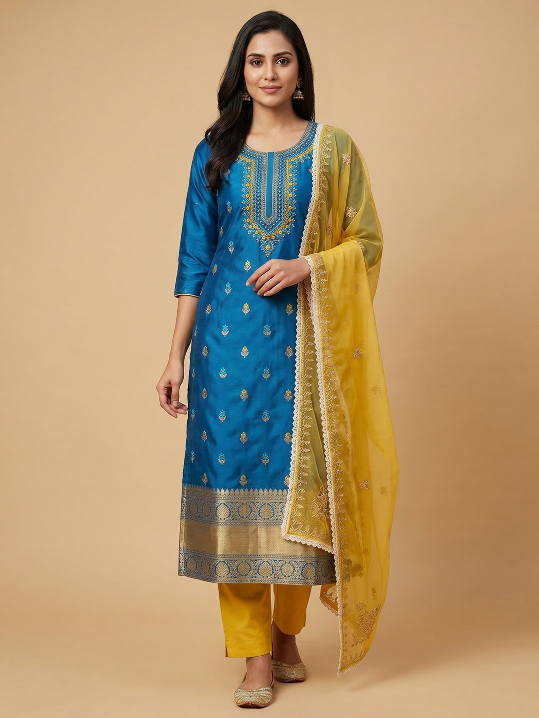 Blue Woven Banarasi Silk Dress Material - Image 1