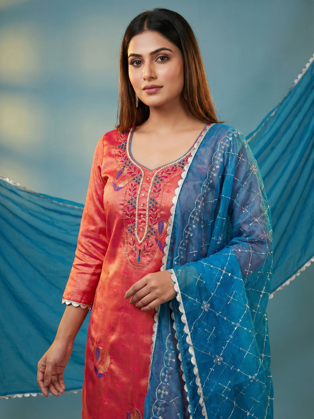 Gajri Pink Woven Banarasi Silk Dress Material - Image 1