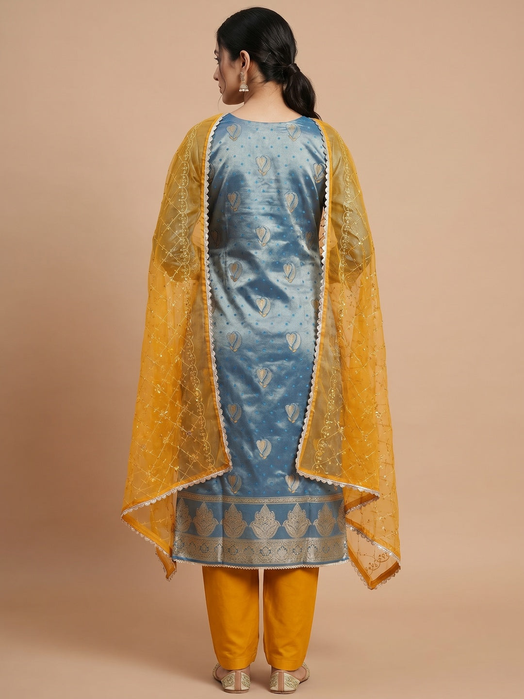 Blue Woven Banarasi Silk Dress Material - Image 3