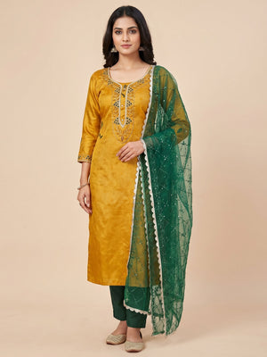Mustard Woven Banarasi Silk Dress Material - Image 1