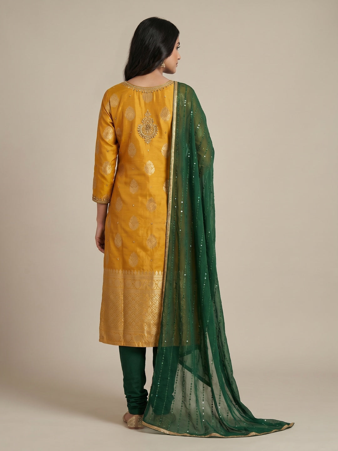 Mustard Woven Banarasi Silk Dress Material - Image 2