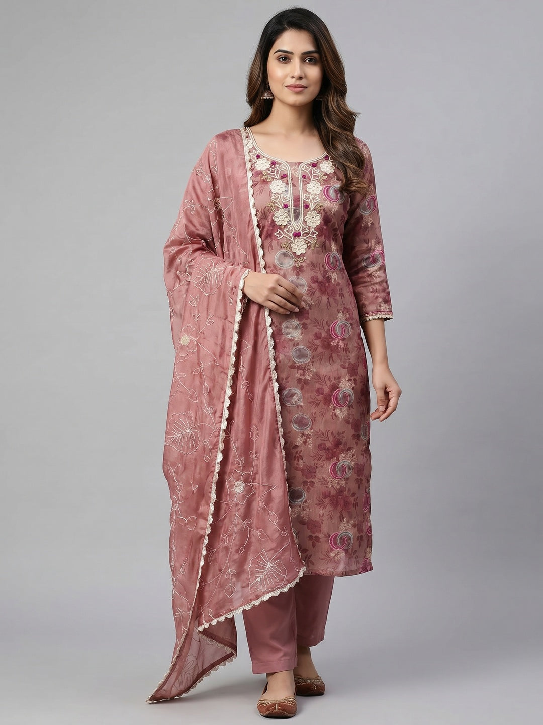 Mauve Woven Chanderi Silk Dress Material - Image 1