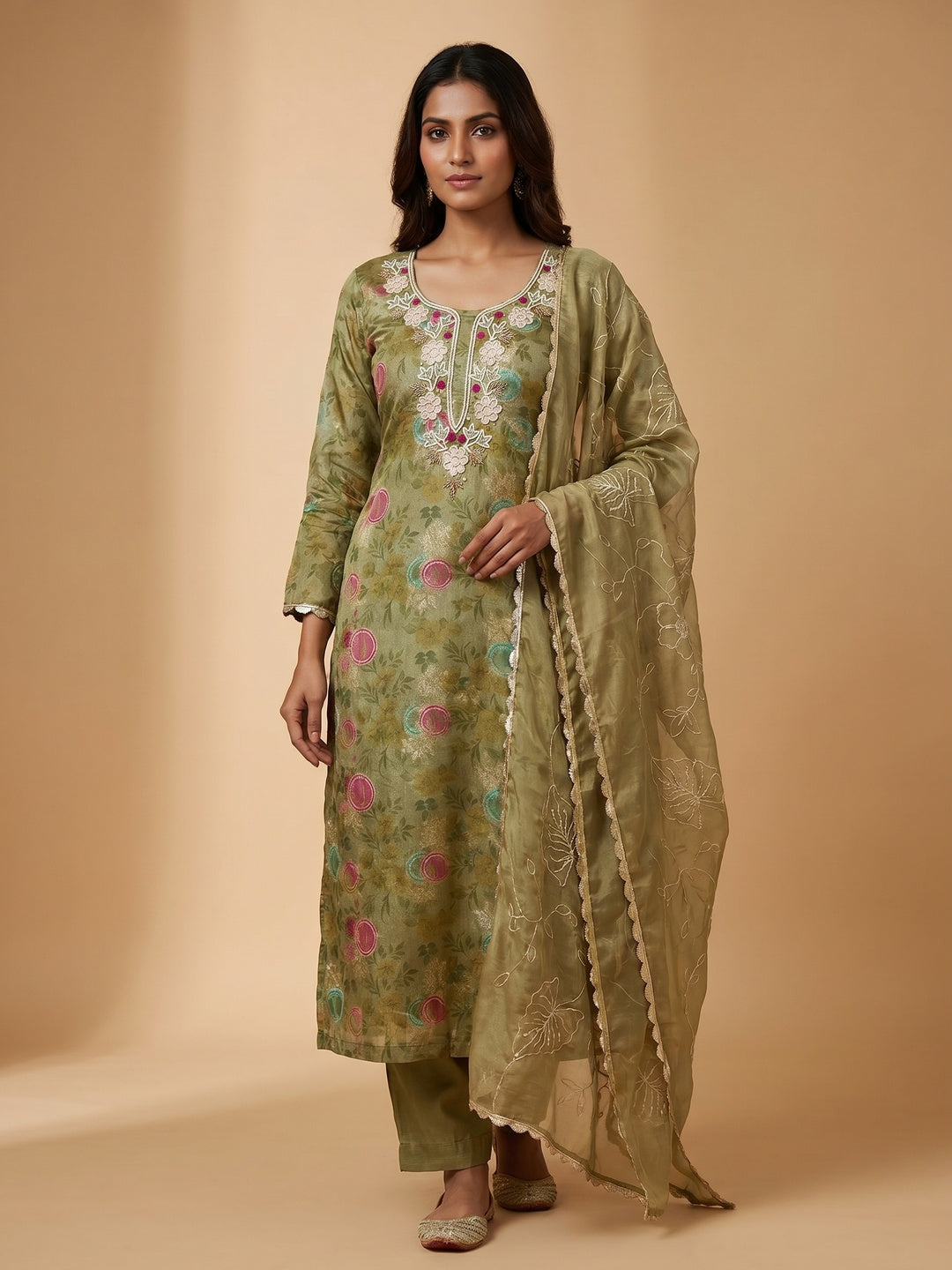 Mehandi Green Woven Chanderi Silk Dress Material - Image 1
