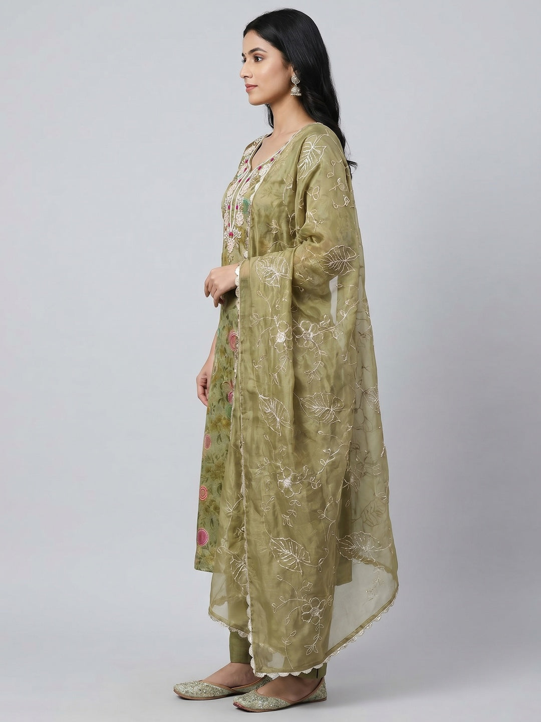 Mehandi Green Woven Chanderi Silk Dress Material - Image 2