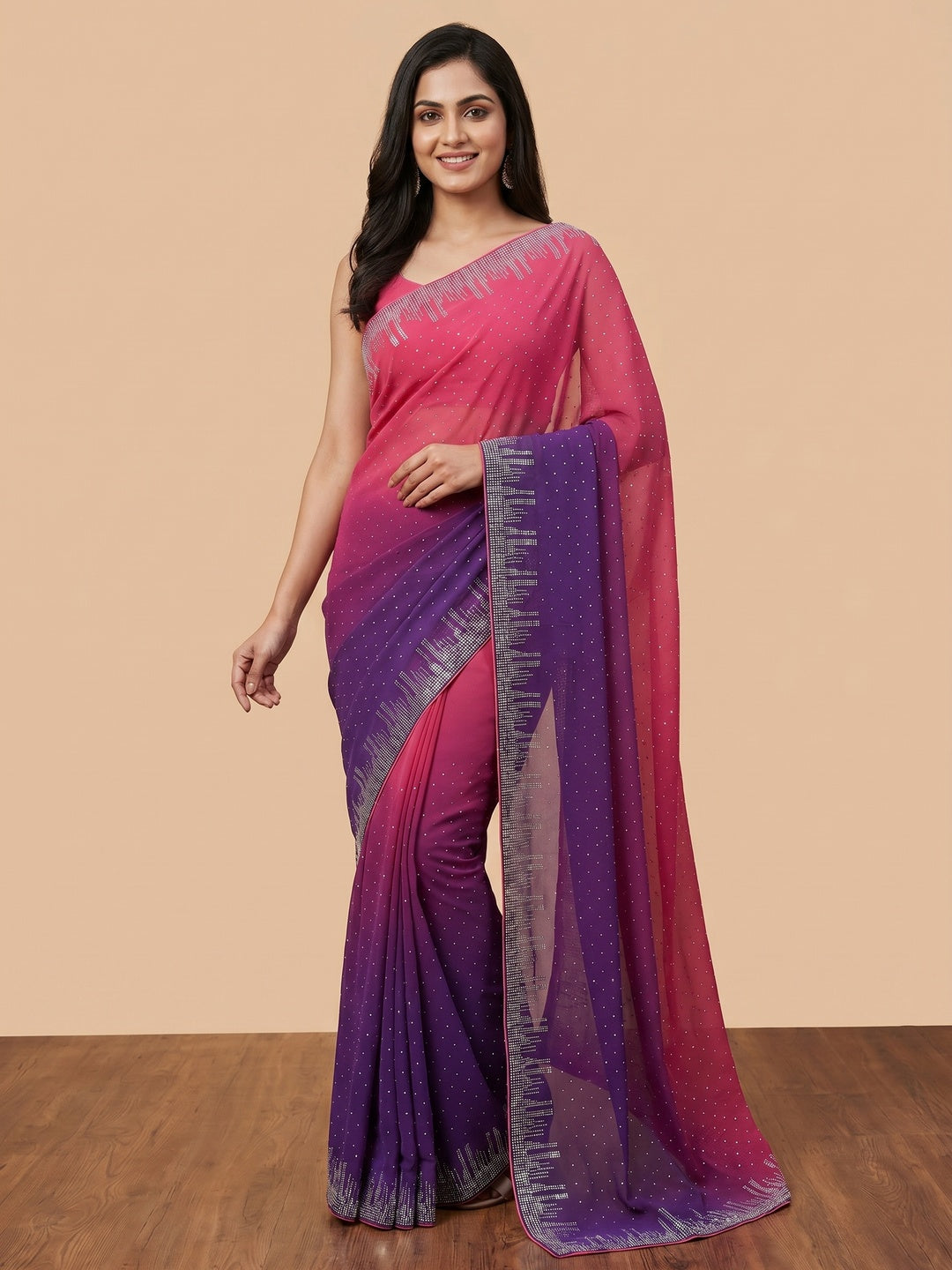 Pink & Purple Swarovski Work Georgette Saree - Image 1