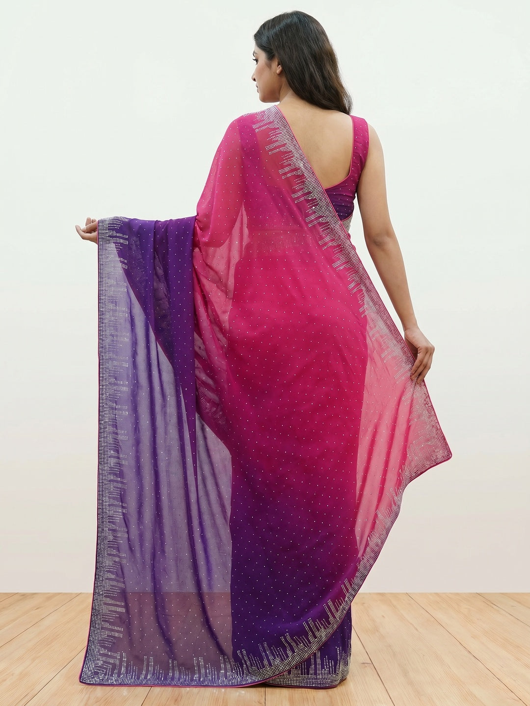 Pink & Purple Swarovski Work Georgette Saree - Image 2