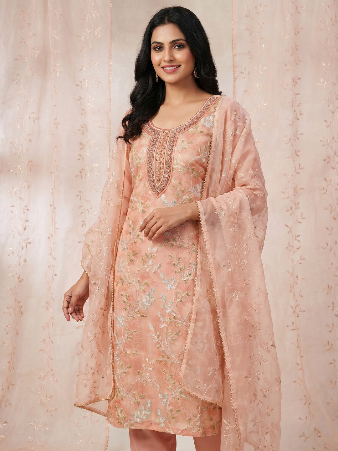 Peach Embroidered Organza Dress Material - Image 1