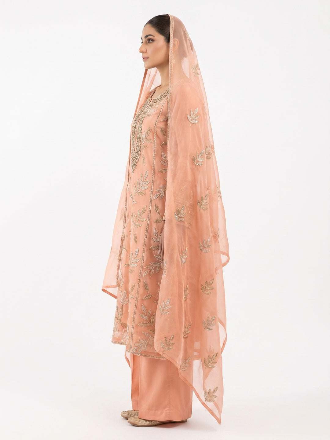 Peach Embroidered Organza Dress Material - Image 3