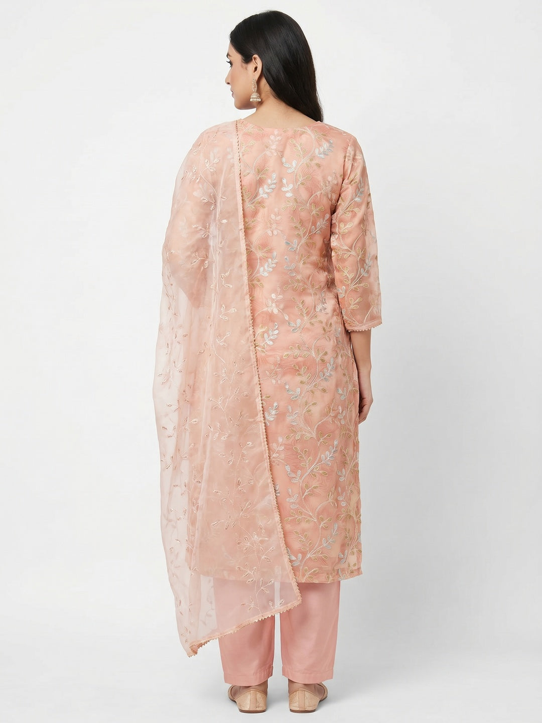 Peach Embroidered Organza Dress Material - Image 2