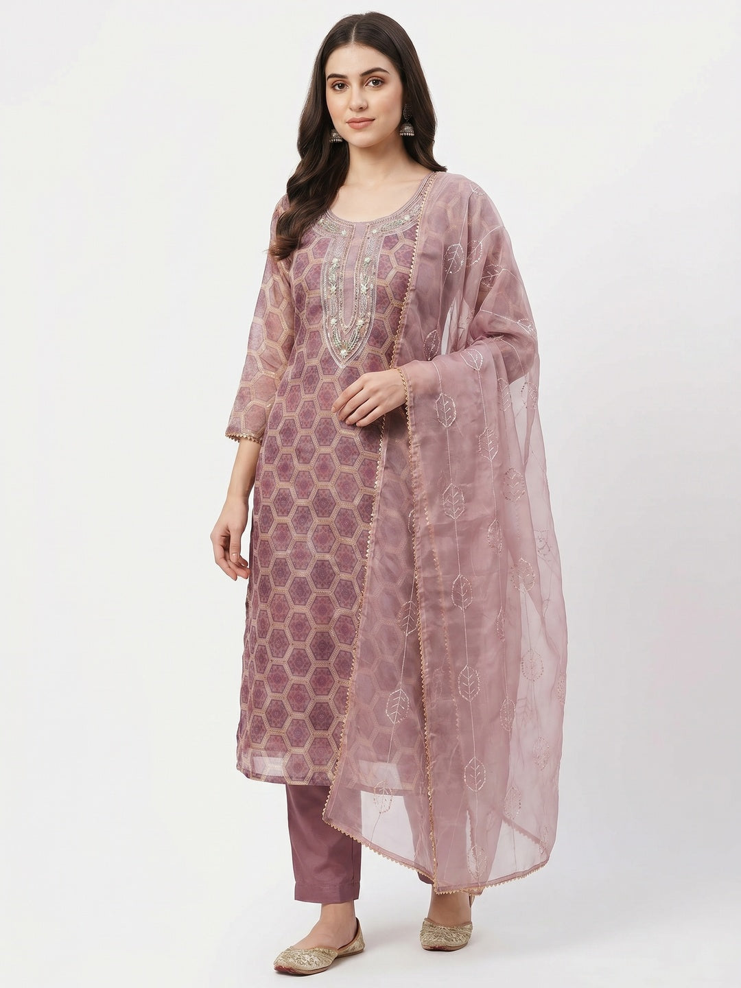 Mauve Printed Organza Dress Material - Image 1