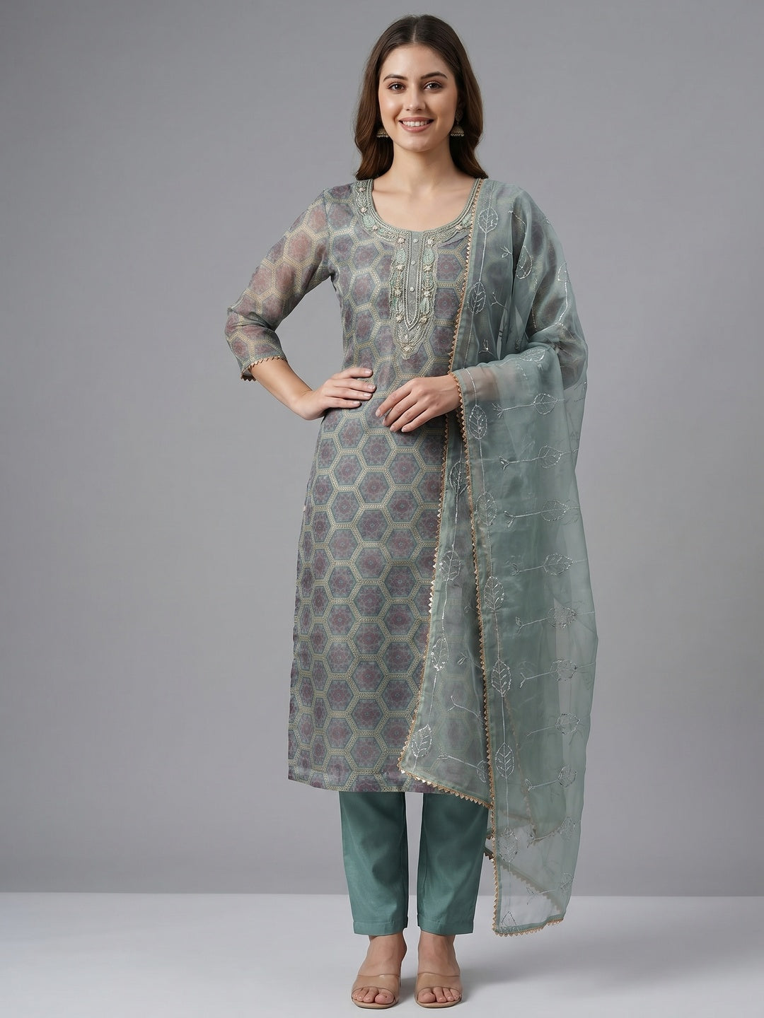 Grey Printed Organza Dress Material - Image 1