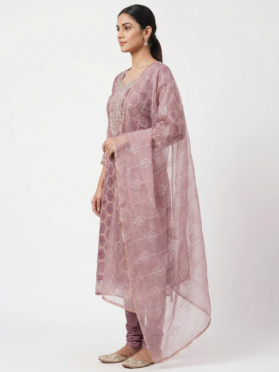 Mauve Printed Organza Dress Material - Image 2