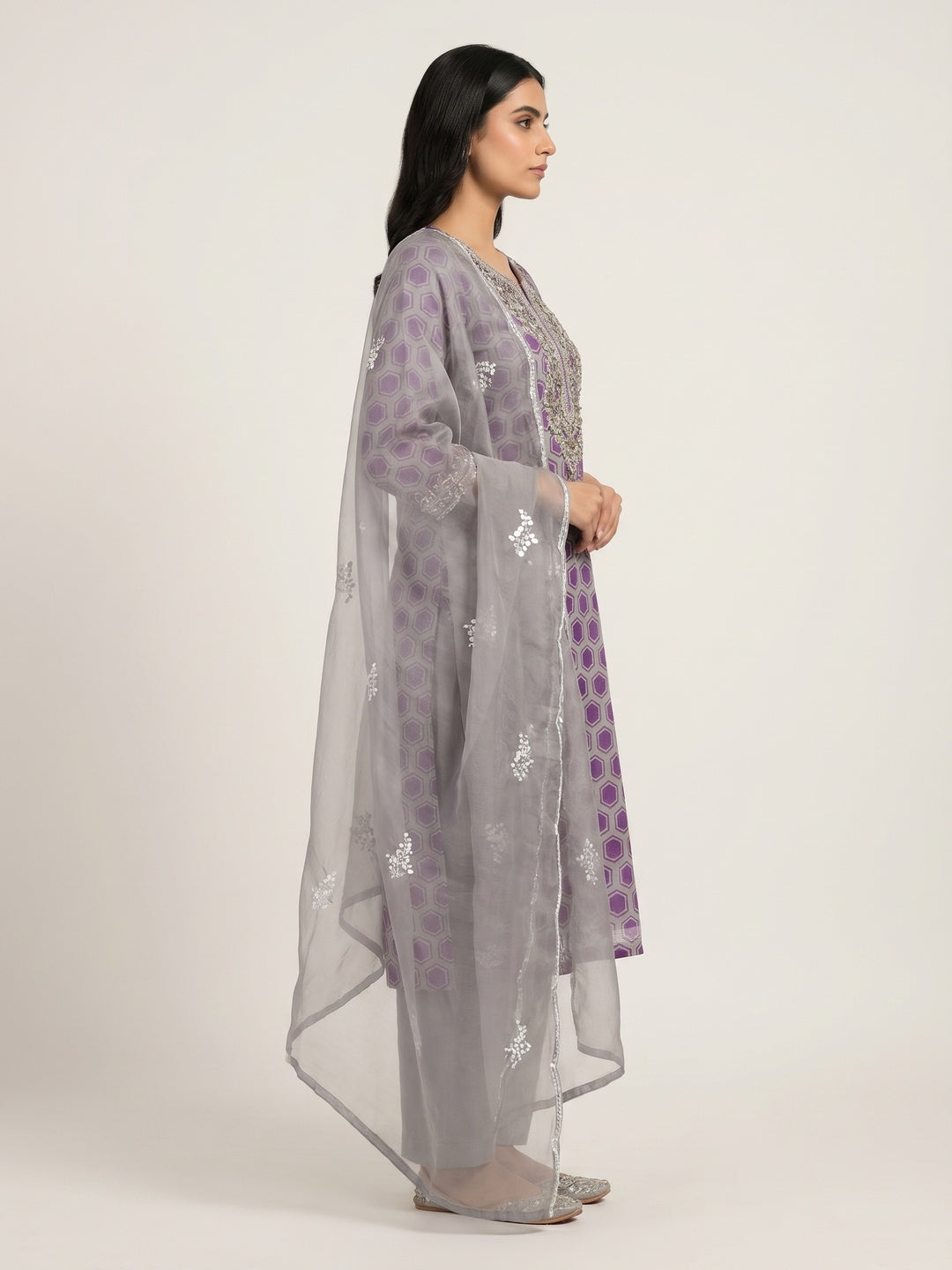 Grey Printed Organza Dress Material - Image 3