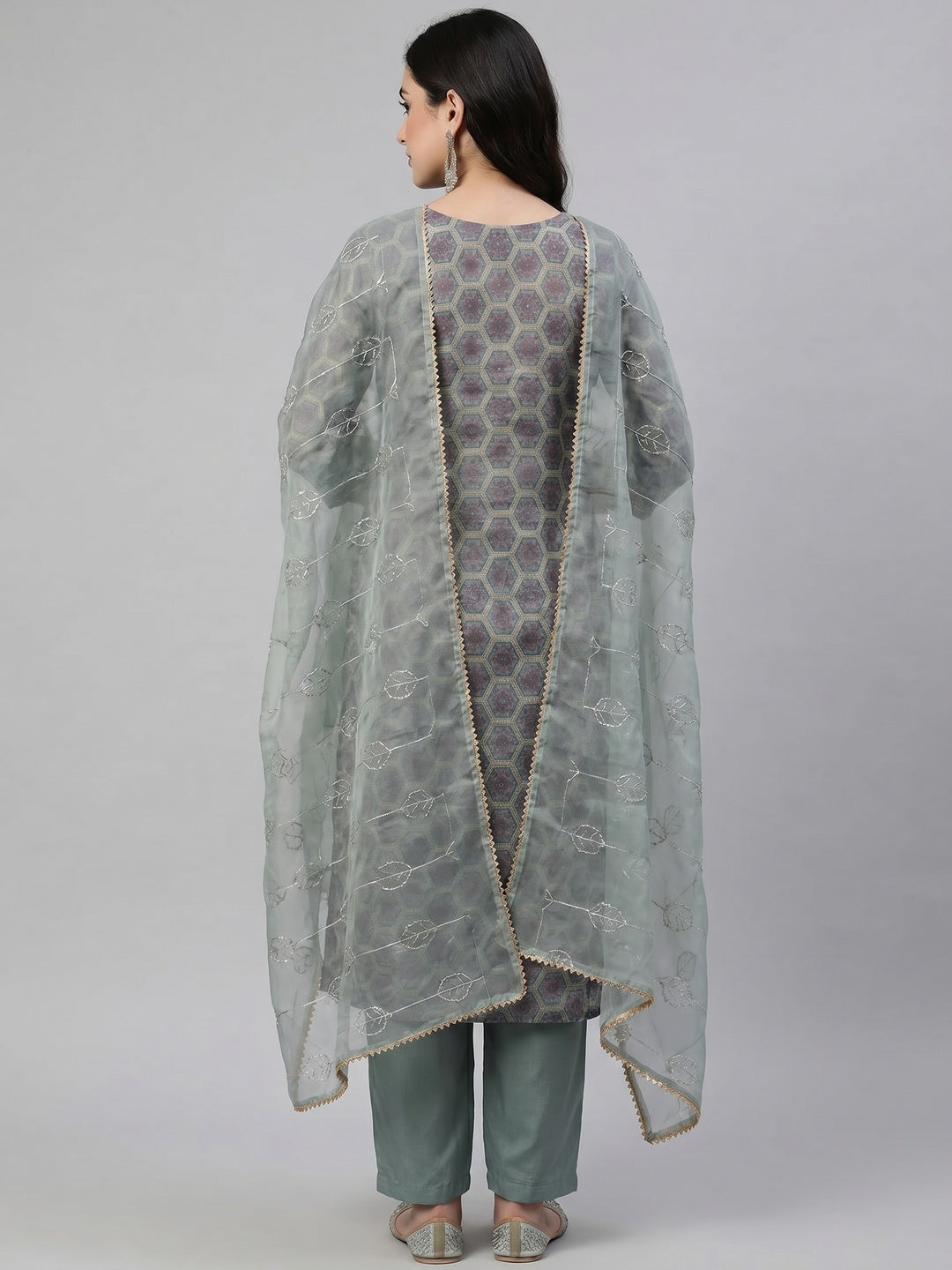 Grey Printed Organza Dress Material - Image 2