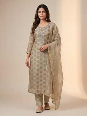 Beige Printed Organza Dress Material - Image 1