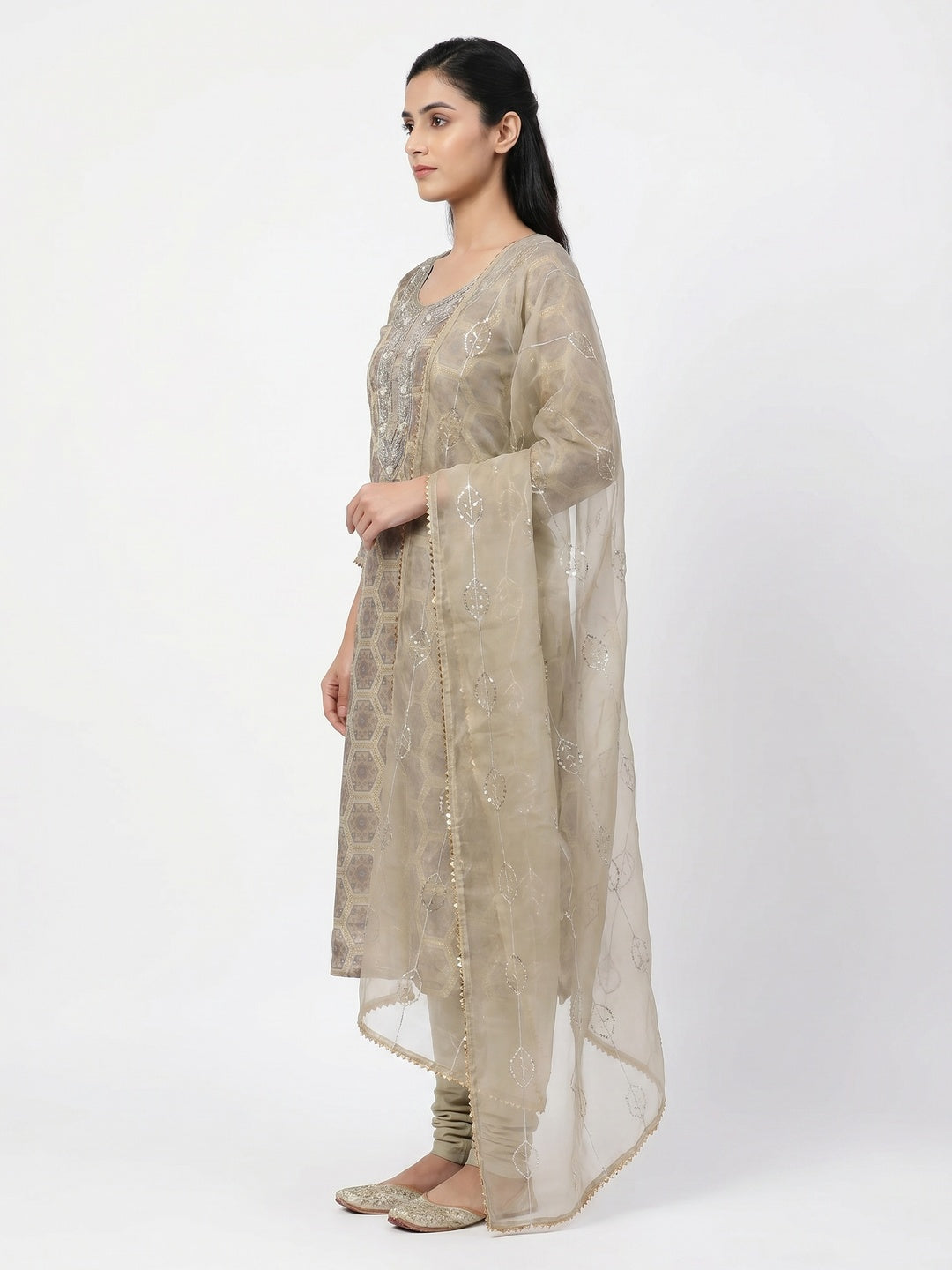 Beige Printed Organza Dress Material - Image 2