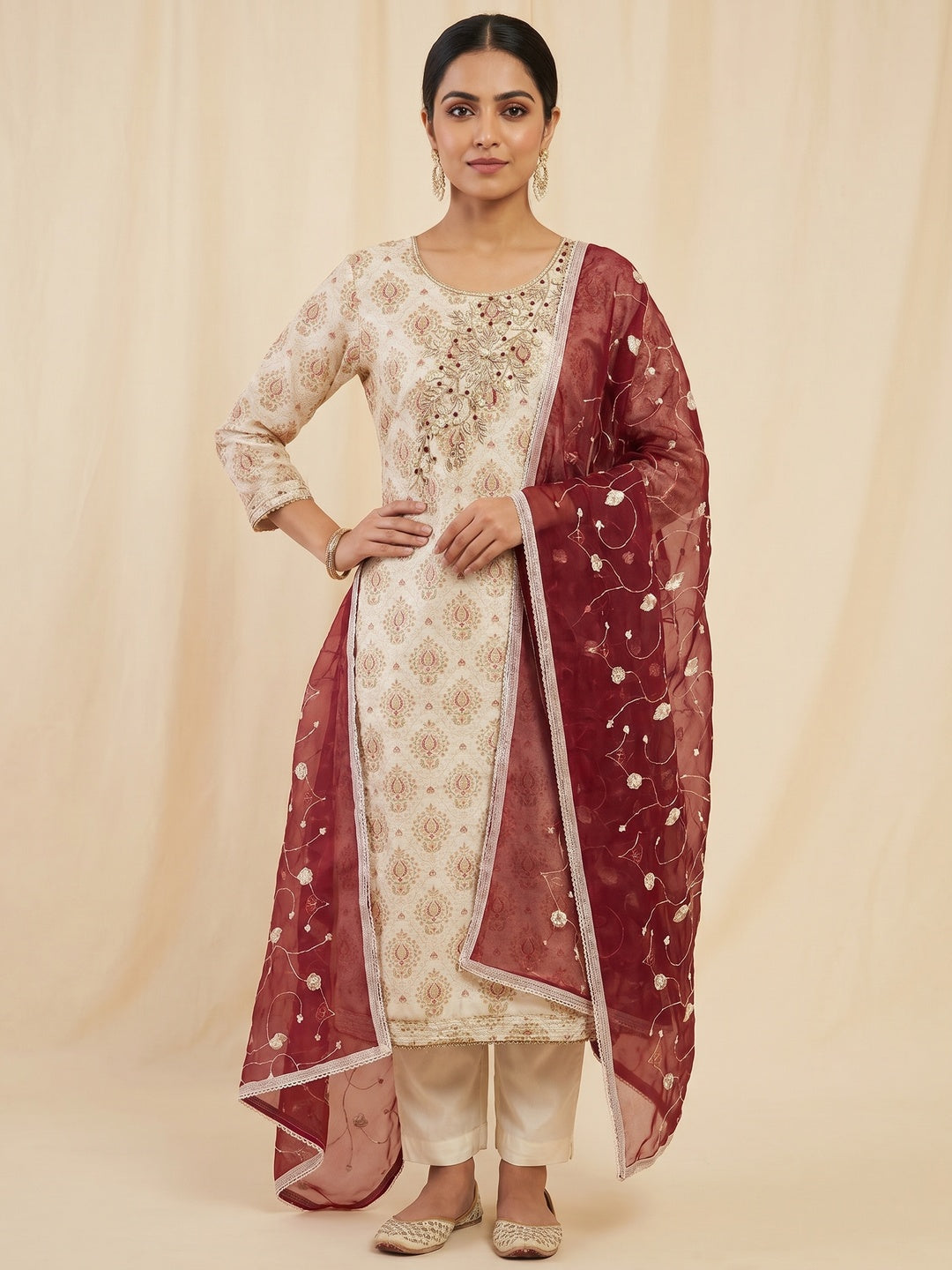 Off White & Maroon Printed Chanderi Silk Dress Material - Image 1